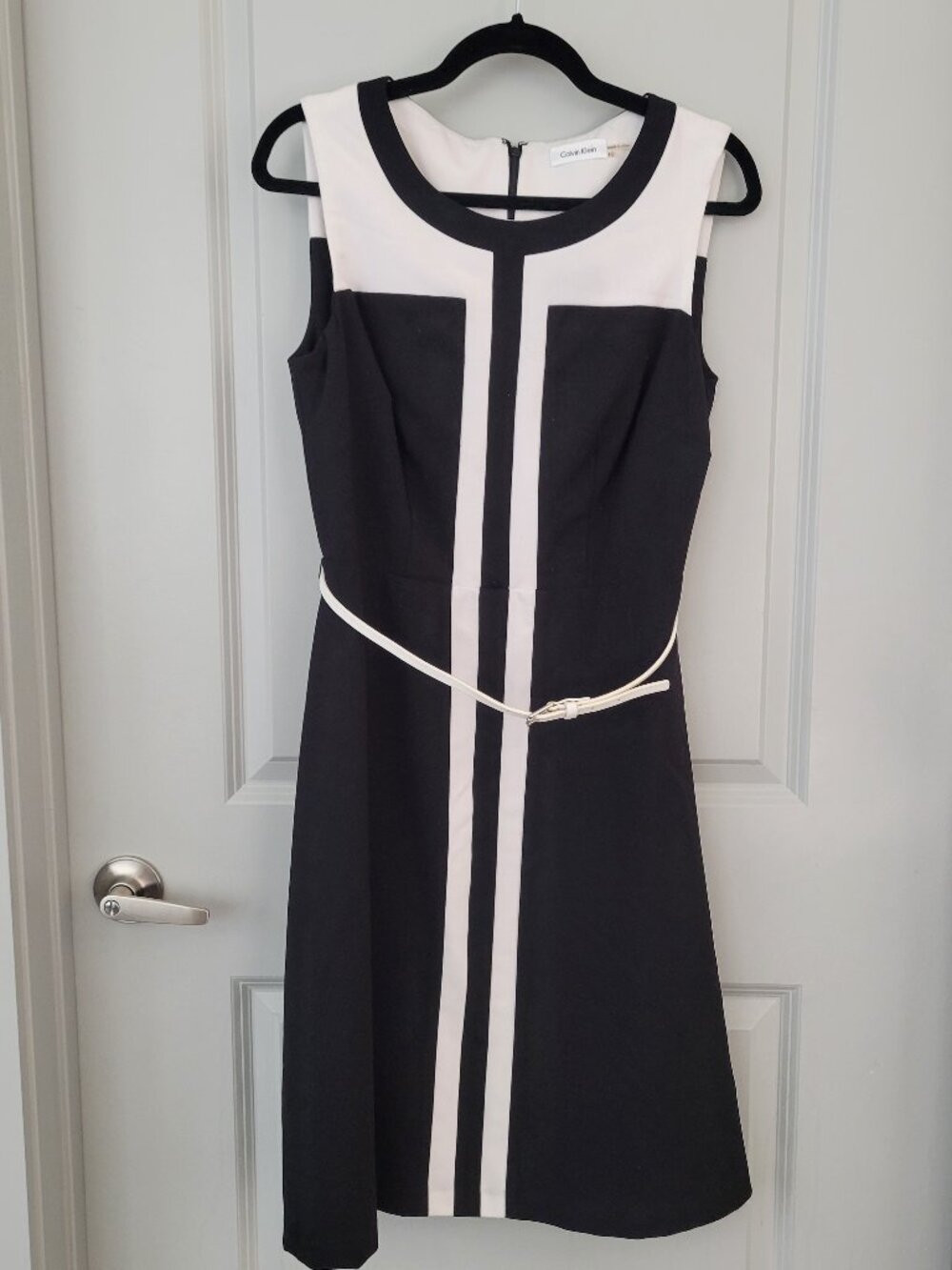 Calvin Klein Black & White Colorblock Belted Fit & Flare Dress